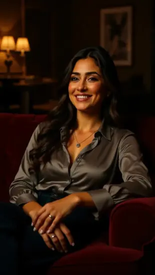 AI Video: She exhales slowly, shoulders dropping in relief. A soft smile spreads as she...