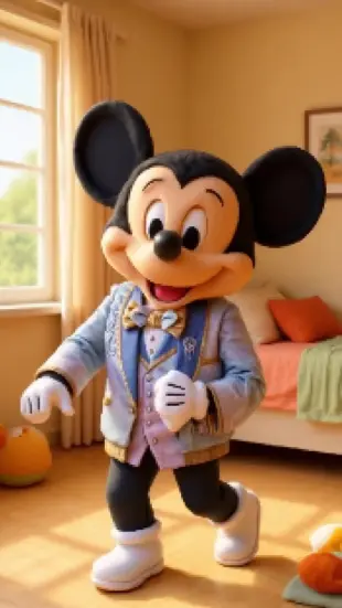 AI Video: Ears perk up, then droop. Character takes a small, hesitant step back....