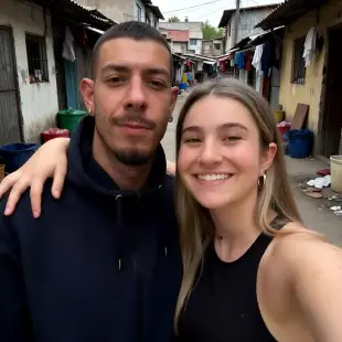 AI Video: The woman smiles to the man and speaks to him while smiling. After that she...