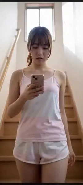 AI Video: The Japanese girl looks up as walking sees you and smiles warmly