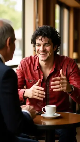 AI Video: He sits comfortably, shoulders relaxing, chest rising with steady breaths. He...