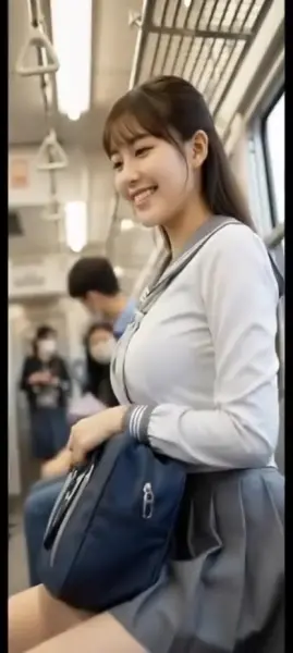 AI Video: It is the girls stop,  as the train us still moving she stands up facing...