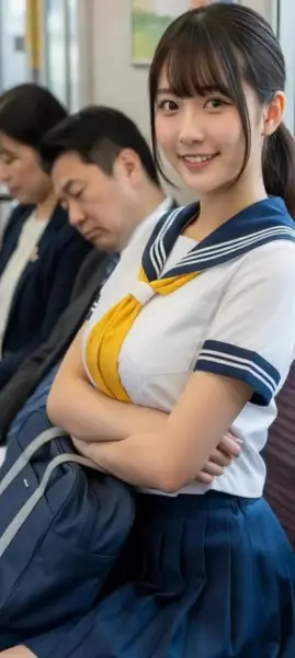AI Video: Japanese schoolgirl stands up offering her seat and faces man sleeping...