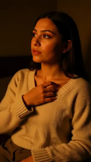 AI Video: Hand covers other hand, guiding it upward, sweater fabric bunches. Chest...
