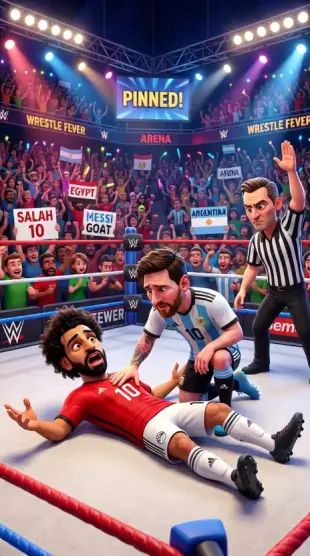 AI Video: Create a 15-second cartoon-style wrestling video inside a large professional...