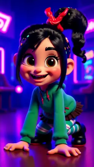 AI Video: She stops abruptly, eyes widening as she double-takes. She crouches low,...