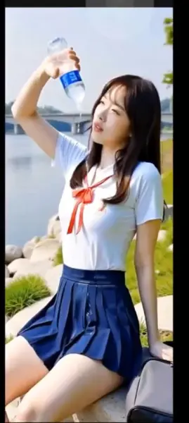 AI Video: Her shirt is still not clean so she takes it off, walks to river and washes it