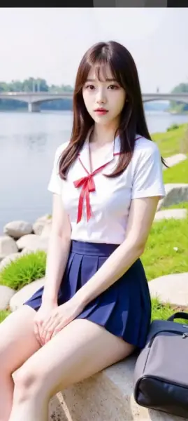 AI Video: Beautiful Japanese girl is relaxing by the river and takes a chocolate bar...
