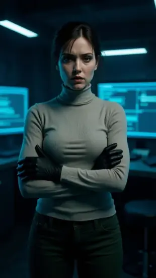 AI Video: She wraps arms tightly around herself, shivering slightly. Her chest rises...