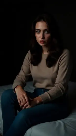 AI Video: Keep the character exactly as shown. Allie sits on the edge of a dimly lit...