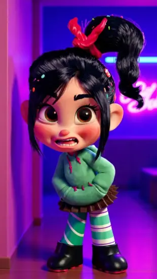 AI Video: She blinks rapidly, head jerks back in surprise, then lets out a sharp,...
