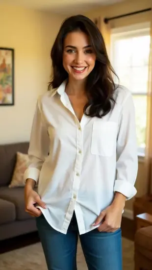 AI Video: Adjusts skirt with slight tug, then smiles warmly. Head tilts playfully, eyes...