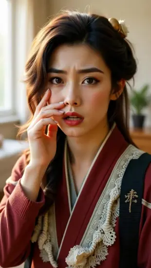 AI Video: She wipes eyes with back of hand, chest heaves with shaky breath, then locks...