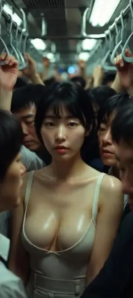 AI Video: The Korean girl, is on a crowded train surrounded by men who are staring at...