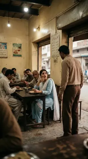 AI Video: A modest old Pakistani roadside hotel. The young woman wearing the same light...