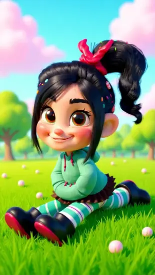 AI Video: She blows hair from her face, grins impishly, and holds a wide, singing...