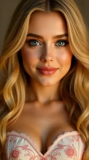 AI Video: She smiles softly, tilts head, leans in gently, chest rises, eyes sparkle,...