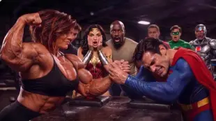 AI Video: Muscular woman proceeds to easily defeat Superman at arm-wrestling, slamming...
