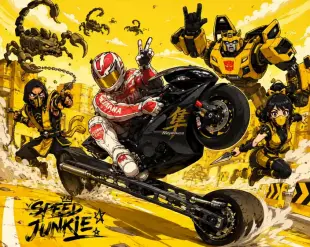 AI Video: Speed junkie transformer character scorpion and scorpion’s sister in yellow...