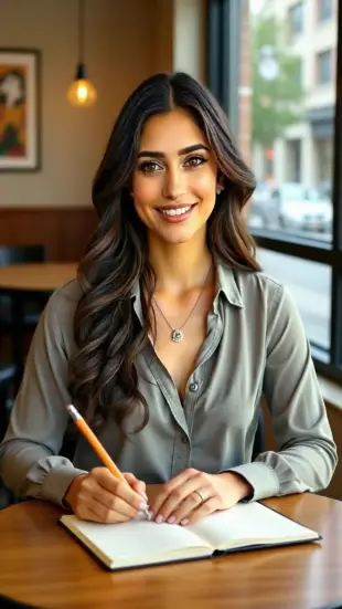 AI Video: She sets the pencil down slowly, shoulders relaxing into a firm posture. She...