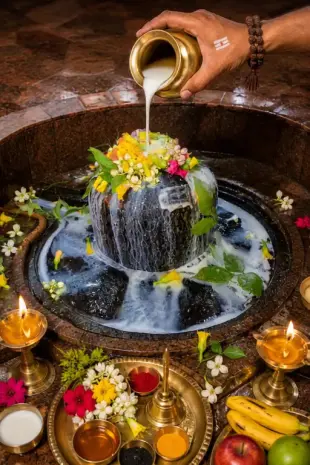 AI Video: Milk is pouring onto the Shivling a magical ring om spinning above the...