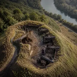 AI Video: The picture shows an earthen mound in which cannons from the time of the...