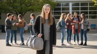 AI Video: Pastor teen Caucasian girl with a long unbuttoned dark grey knitted sweater ,...