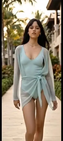 AI Video: Jenna ortega keeps walking as her upper body is now bouncing