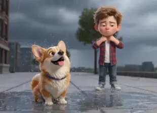 AI Video: [Camera Movement]: Dynamic low-angle camera, tracking the dog's...
