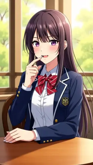 AI Video: biting finger, innocent look, teasing smile