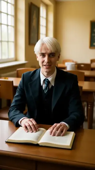 AI Video: He looks up sharply, grey eyes narrowing as he tilts his head. He blinks...