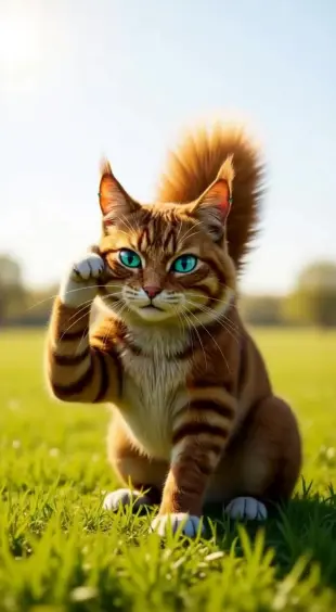 AI Video: She runs a paw over her ear, tail flicking rhythmically. Her eyes glint,...