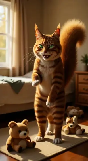 AI Video: Firestar steps forward, chest rumbling with a purr, amber eyes crinkling...