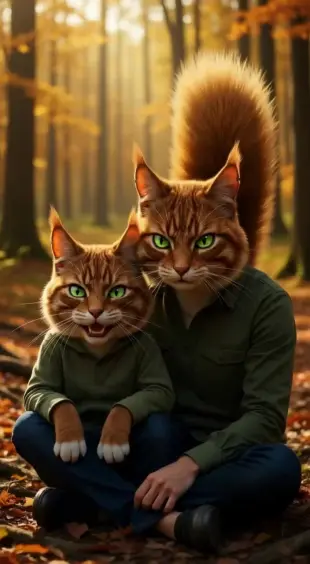 AI Video: Whiskers twitch rhythmically, eyes crinkle into a smug squint, head tilts...
