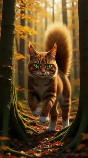 AI Video: Green eyes soften, head tilts slightly with pride. Chest rises with a steady...