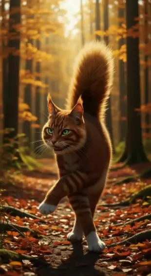 AI Video: She flicks her tail, turns lithely, and pads forward with a rhythmic gait....