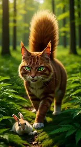 AI Video: She slides out smoothly, whiskers twitching against the camera. She tilts her...