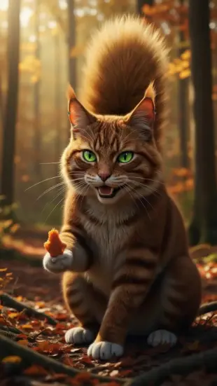 AI Video: Pushes prey forward with a paw, eyes soften with warmth. Purring...