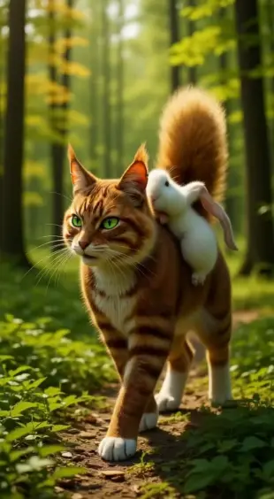 AI Video: She paces in rhythm, whiskers twitching against the grass. She tilts her...