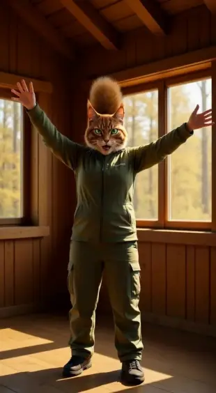 AI Video: She jerks awake, ears twitching forward, head lifting abruptly. She blinks...