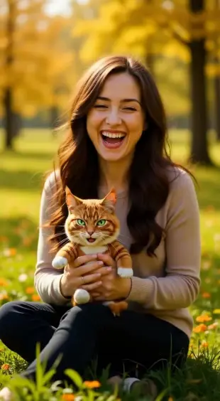 AI Video: Ears perk upward, eyes crinkle with genuine amusement. Head tilts slightly...