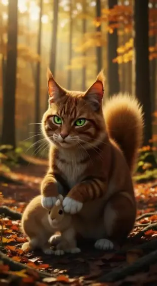 AI Video: Ears flick back sharply, green eyes soften briefly before narrowing into a...
