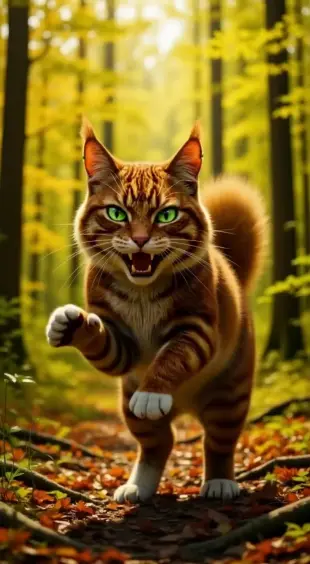 AI Video: She whips around abruptly, eyes widening as she locks gaze. Her whiskers...