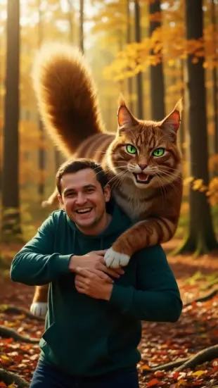 AI Video: Whiskers twitch rapidly, nose crinkles with amusement, and shoulders bounce...