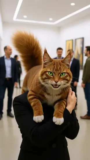 AI Video: Leans weight into you, chest rising with a soft, rhythmic purr. Tilts head...