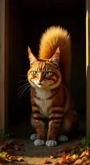 AI Video: She settles back, chest rising steadily. Green eyes gleam as she blinks...