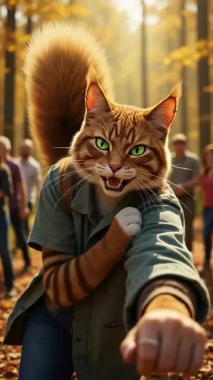 AI Video: Eyes brighten with warmth, head tilts playfully closer. A soft, rhythmic purr...