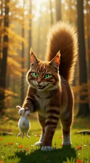 AI Video: She glances back over her shoulder, rabbit drops from jaws, eyes crinkle into...