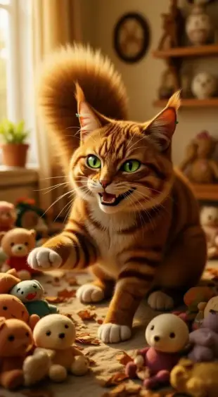AI Video: He snorts, head tilting playfully as he leans in. His green eyes gleam,...