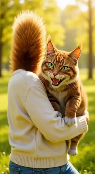 AI Video: Whiskers twitch as she lets out a warm, soft laugh. She tilts her head, eyes...